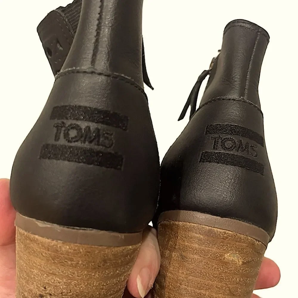 TOMS Majorca Peep Toe Bootie Basketweave Leather Women's 6.5 Black
